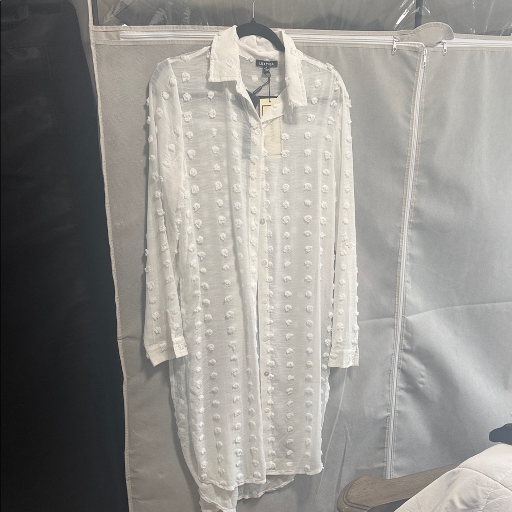 White Sheer Button-Up Shirt Dress